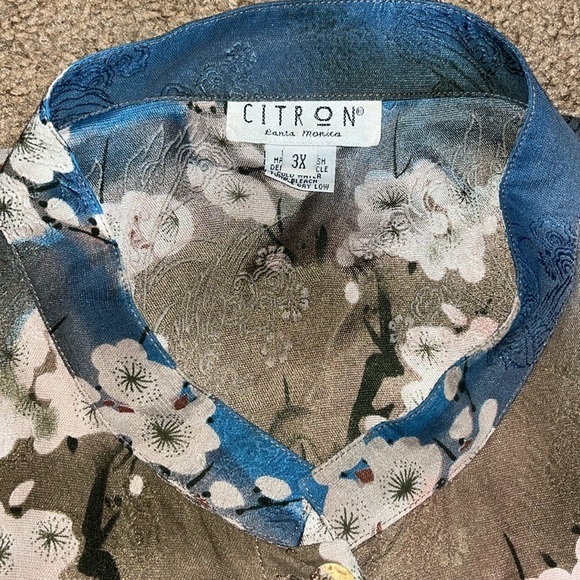 Citron Santa Monica Asian Floral Mandarin Notch Collar Silk Kimono Blouse 3X - Picture 3 of 8